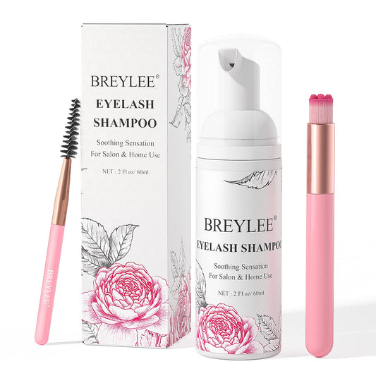 BREYLEE Eyelash Extension Cleanser,Eyelash Extension Shampoo, Eyelash Extension Foam & Brushes Eyelid Cleanser for Makeup Remover Paraben & Sulfate Free for Salon and Home Use