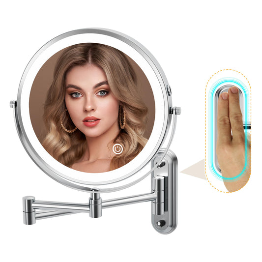 Rocollos Two-Fingers-Width Narrow Base Rechargeable Wall Mounted Lighted Makeup Mirror,3 Color Lights Dimmable Touch Screen,8 Inch LED Double Sided 1X/10X Magnifying Mirror 13 Inch Retractable