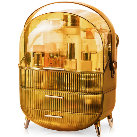 CANITORON Makeup Organizer, 3 Layers Large Capacity Cosmetic Storage, Cosmetic Display Case with 2 Storage Drawers, Cosmetic Organizer for Bathroom Counter, Vanity Countertop, Bedroom, Desk-T1-LAmber