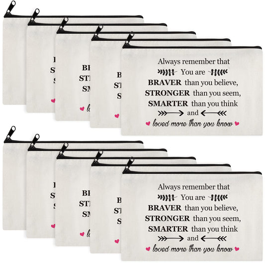 Saintrygo 10 Pieces Inspirational Cosmetic Bag for Girls Women Makeup Encouragement Birthday Friendship Gifts Daughter Sister Canvas Travel Organizer Pouch (Always Remember That You Are Braver)