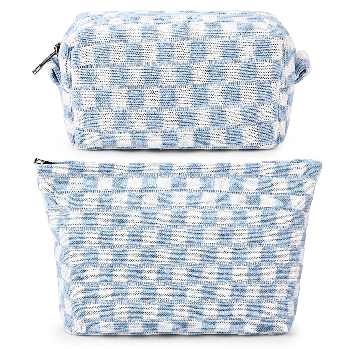 SOIDRAM 2 Pieces Makeup Bag Large Checkered Cosmetic Bag Blue Capacity Canvas Travel Toiletry Bag Organizer Cute Makeup Brushes Aesthetic Accessories Storage Bag for Women