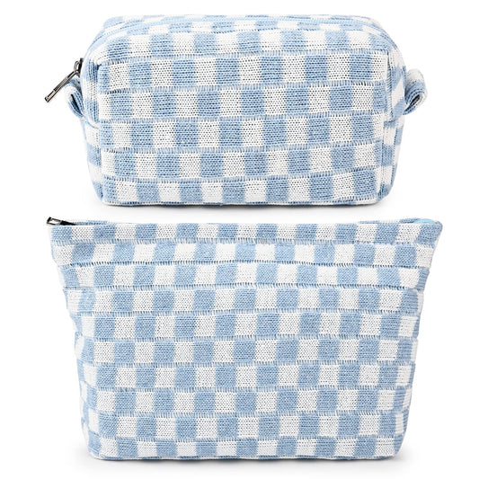 SOIDRAM 2 Pieces Makeup Bag Large Checkered Cosmetic Bag Blue Capacity Canvas Travel Toiletry Bag Organizer Cute Makeup Brushes Aesthetic Accessories Storage Bag for Women