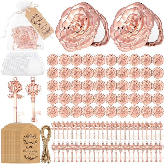 Ziliny 50 Set Wedding Party Favors Including Rose Compact Mirrors Travel Makeup Mirror Key Bottle Opener White Organza Bags Thank You Tags Twine for Wedding Party Bridal Shower Guests Souvenir Gift