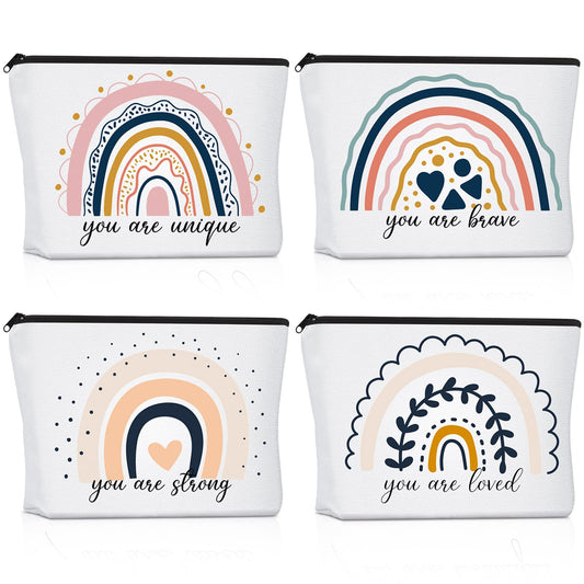 Saintrygo Rainbow Cosmetic Bag 4 Pieces Inspirational Quotes Canvas Cosmetic Bags Bulk You Are Loved Beautiful Kind Makeup Bag Personalized Purse Pouch for Adults Women Teacher Gift (Leaves)