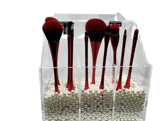 VASERDDY Acrylic Makeup Organizer,Clear Cosmetic Brush Storage Box With 3 Brush Holders,with Dust Cover, Large-capacity Split Design can Quickly Organize the Desktop (with3 bags of white pearls