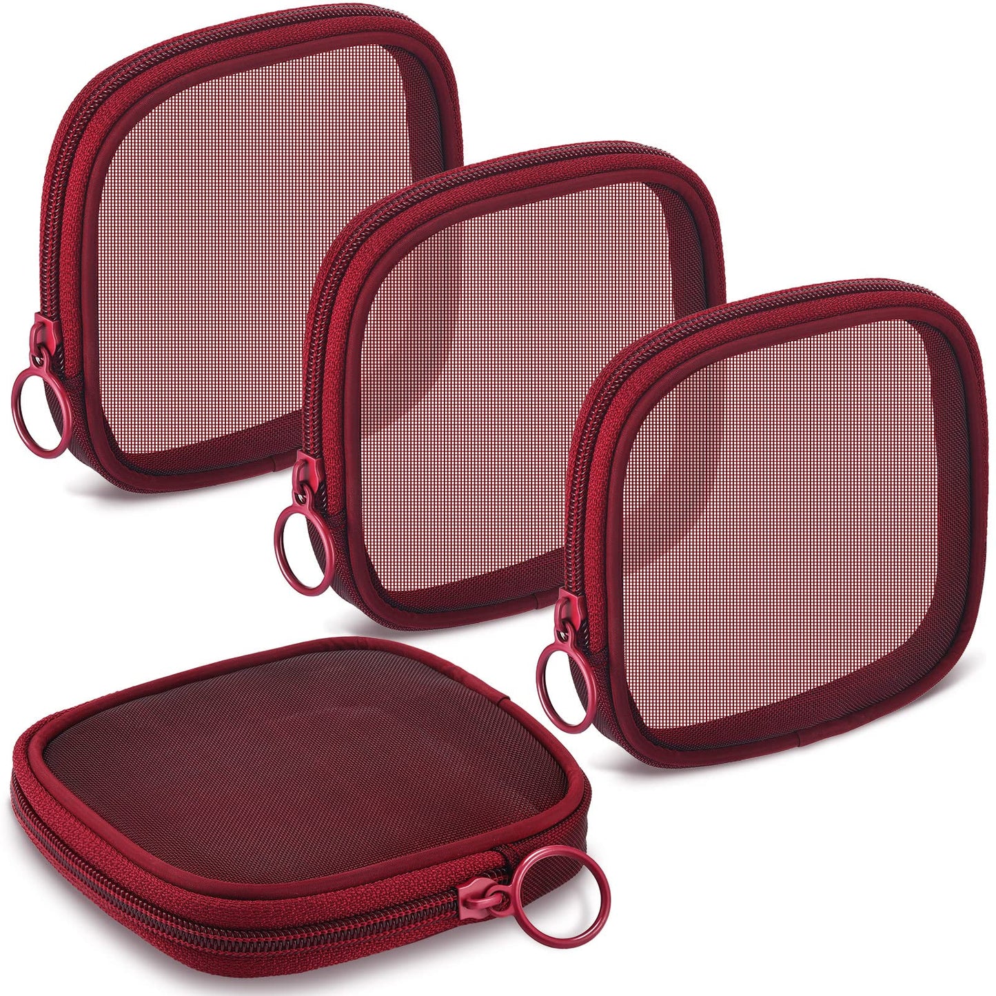 Weewooday 4 Pieces Mesh Makeup Cosmetic Bag Travel Toiletry Bag Pouch with Zipper Mini Portable Makeup Cosmetic Travel Toiletry Purse Bag for Daily Toiletries Accessories (Wine Red)