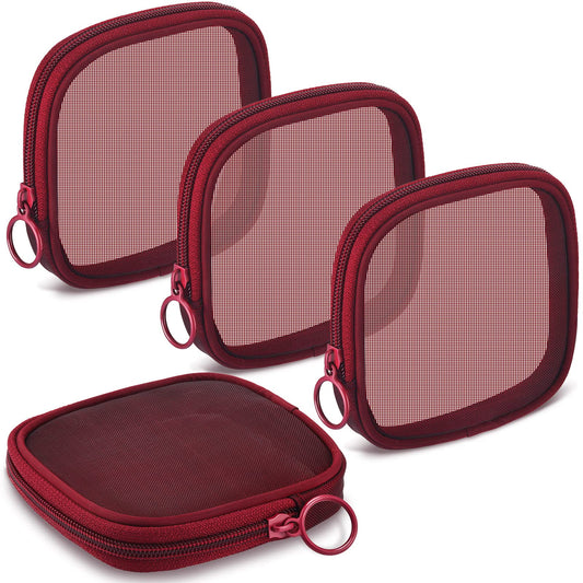Weewooday 4 Pieces Mesh Makeup Cosmetic Bag Travel Toiletry Bag Pouch with Zipper Mini Portable Makeup Cosmetic Travel Toiletry Purse Bag for Daily Toiletries Accessories (Wine Red)